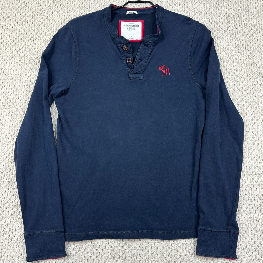 Vtg Abercrombie Fitch Muscle Henley Shirt Mens L Navy Long Sleeve Slim Fit Y2K